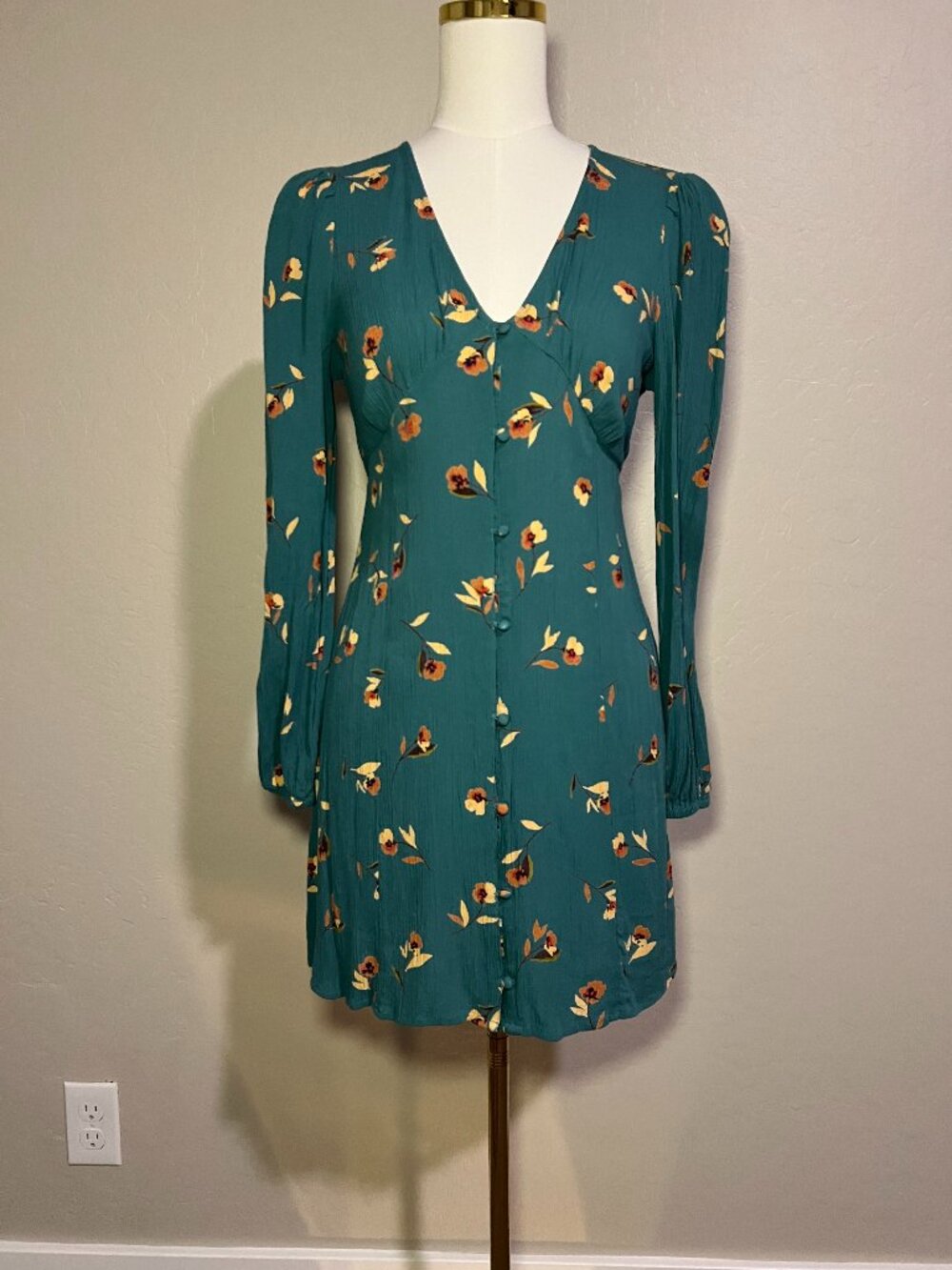 Billabong Teal Floral Long Sleeve Button Front Mini Dress Small